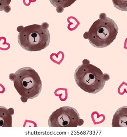 cute watercolor hand drawn teddy bear face with pink hearts on a beige background, kids seamless pattern for textile