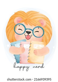 cute watercolor happy kid lion wear eyeglasses and hug book, back to shcool cartoon animal watercolor vector
