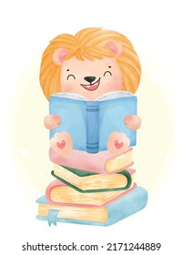 cute watercolor happy kid lion reading book sitting on book stack , let's go to school cartoon animal watercolor vector