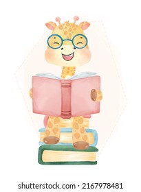 cute watercolor happy nerd kid giraffe reading book on stacked book, back to school cartoon childhood animal wildlife watercolor vector
