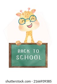 cute watercolor happy nerdy kid giraffe with chalkboard, back to shcool cartoon animal wildlife watercolor vector