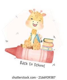 cute watercolor happy nerdy kid giraffe with backpack sitting on red crayon ride, back to shcool cartoon animal wildlife watercolor vector