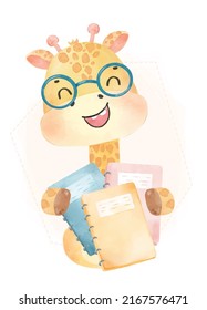 cute watercolor happy nerdy kid giraffe hugging books, back to school cartoon childhood animal wildlife watercolor vector