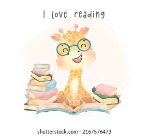 cute watercolor happy nerdy kid giraffe reading many books, I love reading, back to school cartoon childhood animal wildlife watercolor vector