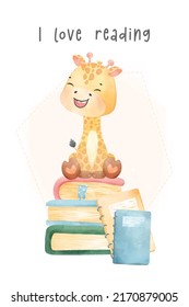 cute watercolor happy nerdy kid giraffe sitting on stack books, I love reading, back to school cartoon childhood animal wildlife watercolor vector