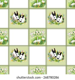 Cute watercolor hares with ducks seamless pattern background vector illustration