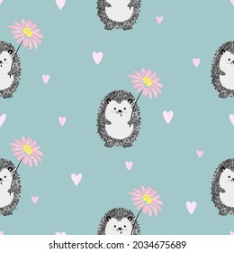 Cute watercolor hedgehog with flower seamless pattern. Vector illustration for kids.