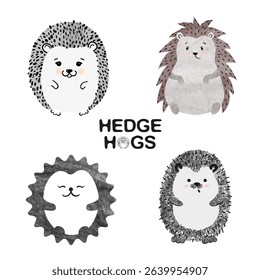 Cute watercolor hedgehogs isolate on white. Vector set