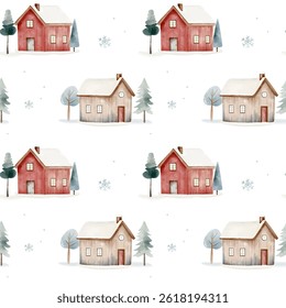 Cute watercolor houses background. Seamless pattern with hand drawn wooden houses. Wintertime. Fairytale forest houses. 