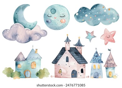 Cute watercolor houses. Fairy kingdom, clouds, moon, stars. Watercolor childish illustration. Scandinavian castle. 