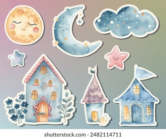 Cute watercolor houses. Fairy kingdom stickers clouds, moon, stars. Watercolor childish elements. Scandinavian castle.