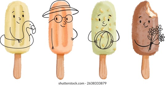 Cute Watercolor Ice Cream Characters – Summer Popsicles with Hand-Drawn Faces and Accessories