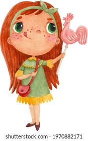 Cute watercolor illustration of a girl with a lollipop