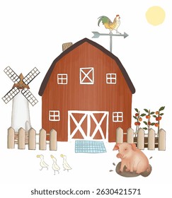 Cute watercolor illustration of a red barn with windmill, pig, ducklings, and garden. Perfect for farm-themed content, children’s learning, or storybooks.