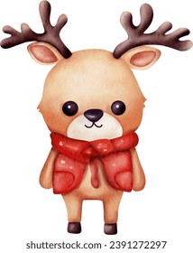 Cute watercolor illustration of reindeer character for Christmas