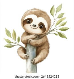 Uma ilustração de aquarela bonito de uma preguiça abraçando um galho de árvore, com olhos grandes e um sorriso suave. A preguiça é cercada por folhas verdes.