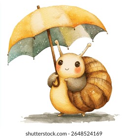 Uma ilustração de aquarela bonito de um caracol segurando um guarda-chuva colorido, com uma expressão feliz. O caracol está parado na chuva.
