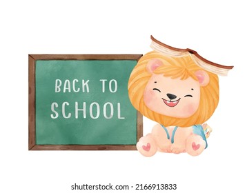 Cute Watercolor Kid Lion With Book, Backpack And Chalkboard Cartoon Animal Watercolor Vector