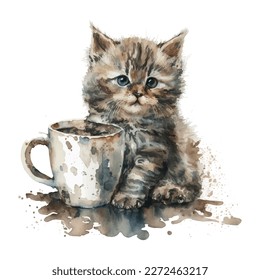 Cute watercolor kitten with coffee cup Funny cat illustration, cartoon vector drawing.