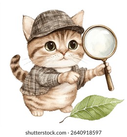 A cute watercolor kitten dressed as a detective, wearing a plaid hat and jacket, holding a magnifying glass, with a green leaf nearby.