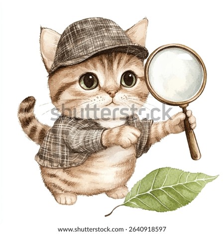 A cute watercolor kitten dressed as a detective, wearing a plaid hat and jacket, holding a magnifying glass, with a green leaf nearby.