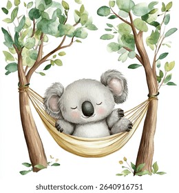 A cute watercolor koala with closed eyes sleeps in a hammock strung between two eucalyptus trees with green leaves.
