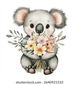 A cute watercolor koala with fluffy ears sits holding a bouquet of pastel yellow, pink, and peach flowers with green leaves, displaying a sweet smile.