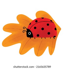 Cute watercolor lady bug and leaves in Autumn vector.