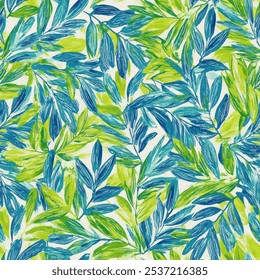 Cute watercolor leave blue and green seamless pattern with watercolor background. Watercolor print in rustic vintage style, textile or wallpapers.