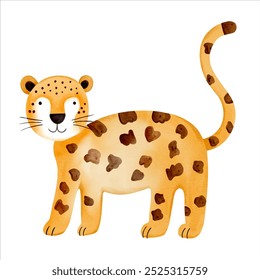 Cute watercolor leopard. Illustration of hand drawn cartoon leopard. Wild jungle safari animals.