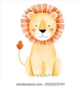 Cute watercolor lion. Illustration of hand drawn cartoon lion. Wild jungle safari animals.