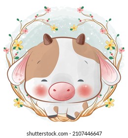 Cute Watercolor little cow surrounded by wild forest plants wreath