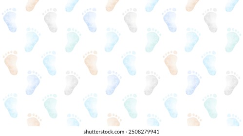 Cute Watercolor Little Footprints. Simple Seamless Pattern with Pastel Blue, Light Gray and Beige Baby Feet, Painted on a White Background. Trendy Baby Shower Vector Pattern Ideal for  Fabric. RGB. 