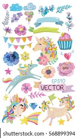 Cute watercolor magic unicorn with flowers, clouds , colorful collection of elements, Vector