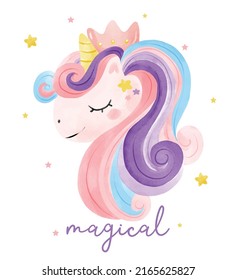 Cute watercolor magical purple Unicorn face, cartoon doodle vector illustration, nursery style