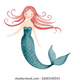 Cute watercolor mermaid. Fairytale water character. Hand drawn underwater mermaid. Underwater sea life