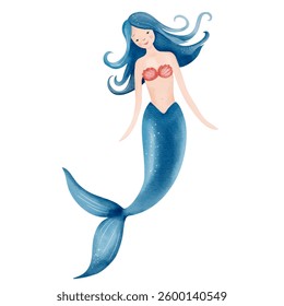 Cute watercolor mermaid. Hand drawn underwater mermaid. Fairytale water character. Underwater sea life