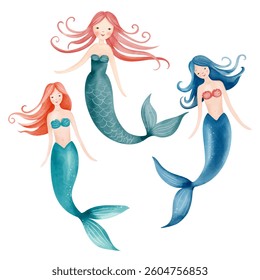 Cute watercolor mermaids. Set of hand drawn mermaids. Fairytale water inhabitants. Underwater sea life