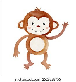 Cute watercolor monkey. Illustration of hand drawn cartoon chimpanzee. Wild jungle safari animals.