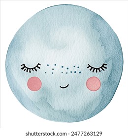 Cute watercolor moon with eyes. Magic childish decoration. Fairy illustration, pastel color. 