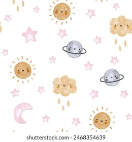 Cute watercolor moon, stars, sun, clou with rain, kids wallpaper seamless pattern design