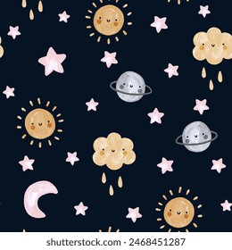 Cute watercolor moon, stars, sun, clou with rain, kids wallpaper seamless pattern design