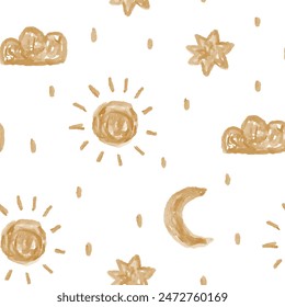 Cute watercolor moon, stars, sun, cloud with rain, kids wallpaper seamless pattern design