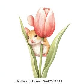 Um rato de aquarela bonito com pele dourada abraça uma tulipa rosa, cercada por folhas verdes, criando uma cena caprichosa e encantadora.