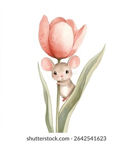 A cute watercolor mouse with large ears is holding onto the stem of a pink tulip, peeking out from the flower with its tiny paws.