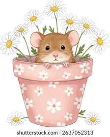Cute Watercolor Mouse Peeking Out from a Flower Pot Illustration