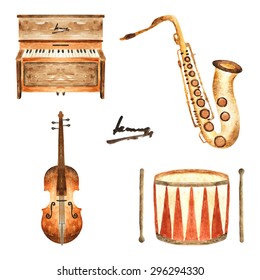 Cute watercolor musical instruments including piano, violin, saxophone and drum, vintage style