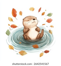 A cute watercolor otter sits in rippling water, surrounded by falling autumn leaves. The otter has a serene expression, with closed eyes and a gentle smile.