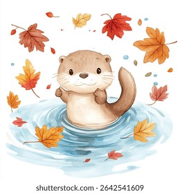 A cute watercolor otter stands in rippling water surrounded by falling maple leaves in shades of red, orange, and yellow.