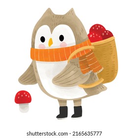 Cute watercolor owl and mushroom in Autumn vector.